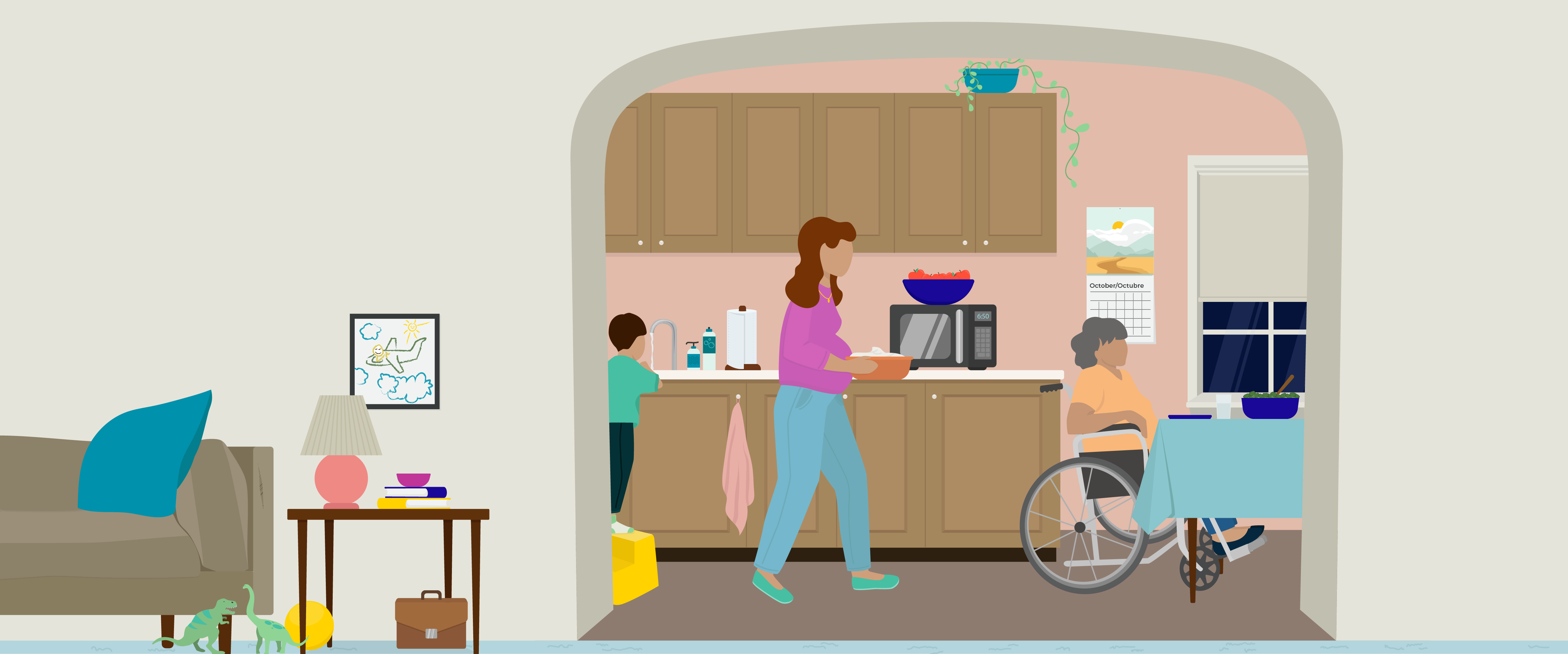 Illustration of a kitchen and living room in a home. A small child washes dishes while a pregnant mother brings food to the table where a grandmother in a wheelchair is sitting.